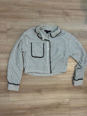 Striped Black & White Cropped Button-Front Blouse
